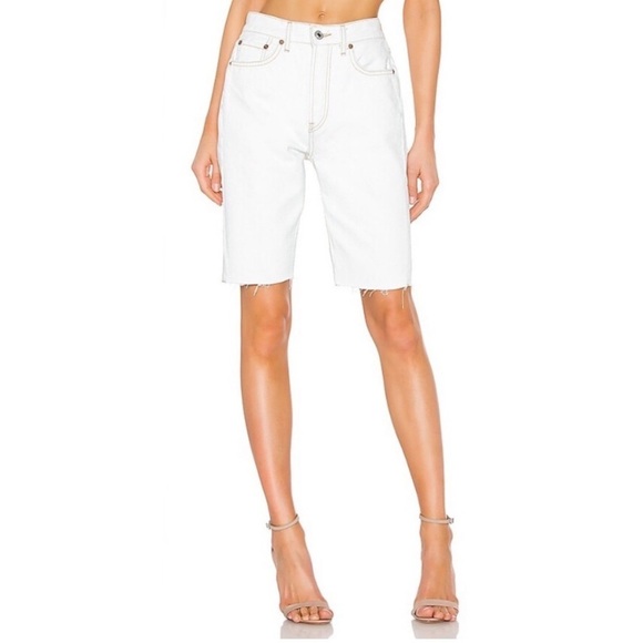 Re/Done Pants - Re/Done || The 80's Long Short Denim Cut Offs Raw Hem Bleach White 29